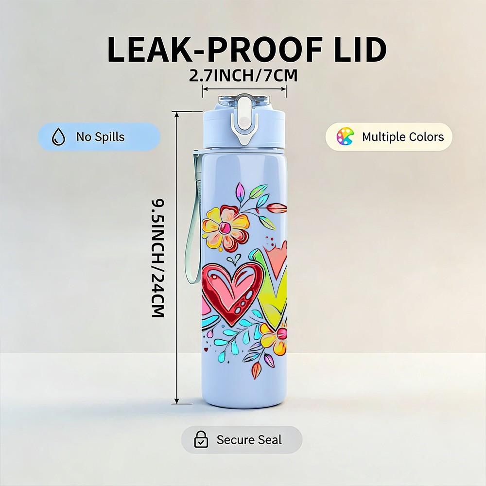 1PC Love Word Doodle Mixed Floral Decor Print 750ml Color Plastic Sports Water Bottle Leakproof Flip Straw Lid Suitable for Sports Office Home Use