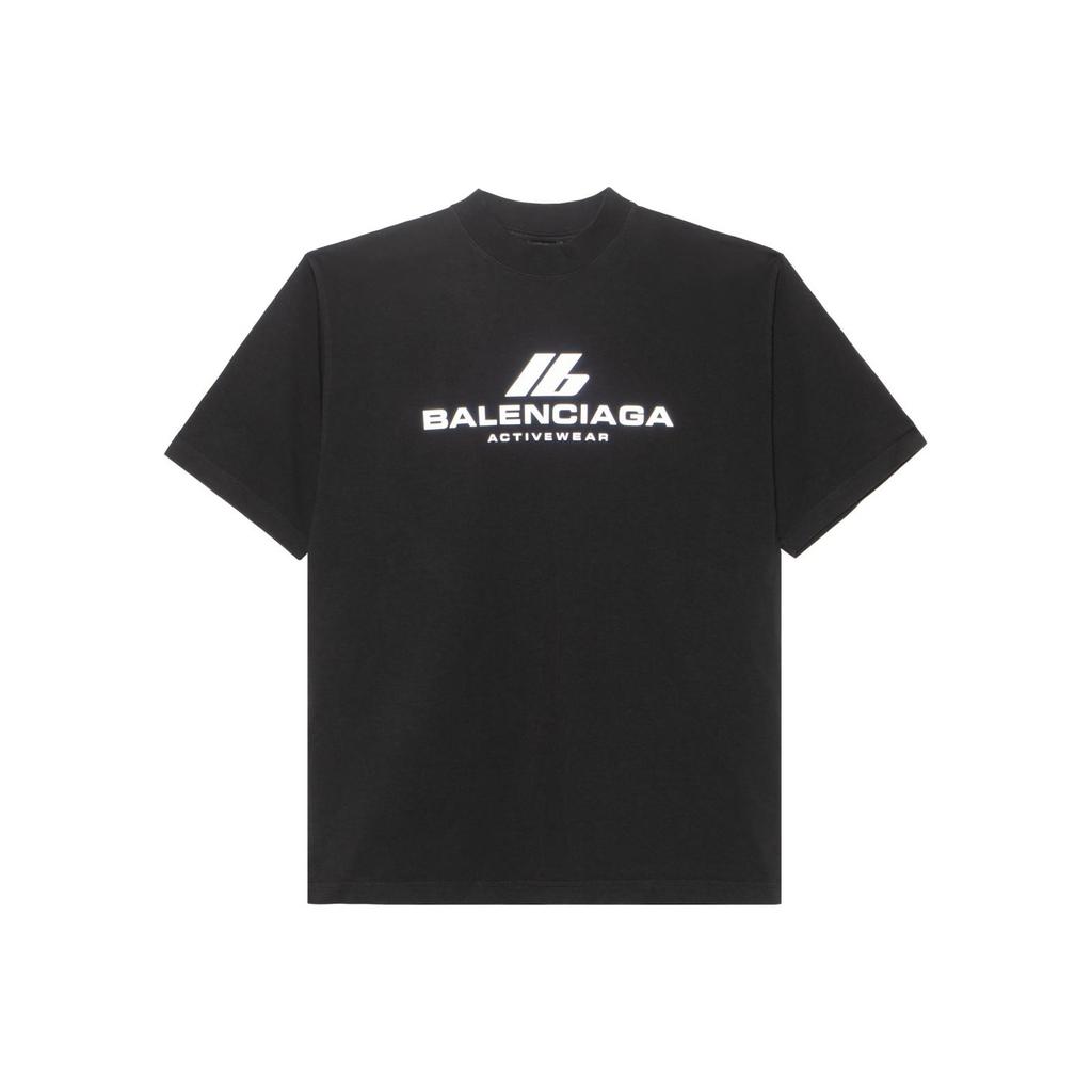 Balenciaga Activewear Logo Letter Print Crew Neck Short Sleeved SS24 T Shirt Loose Fit Unisex Black 764235TQVT91083