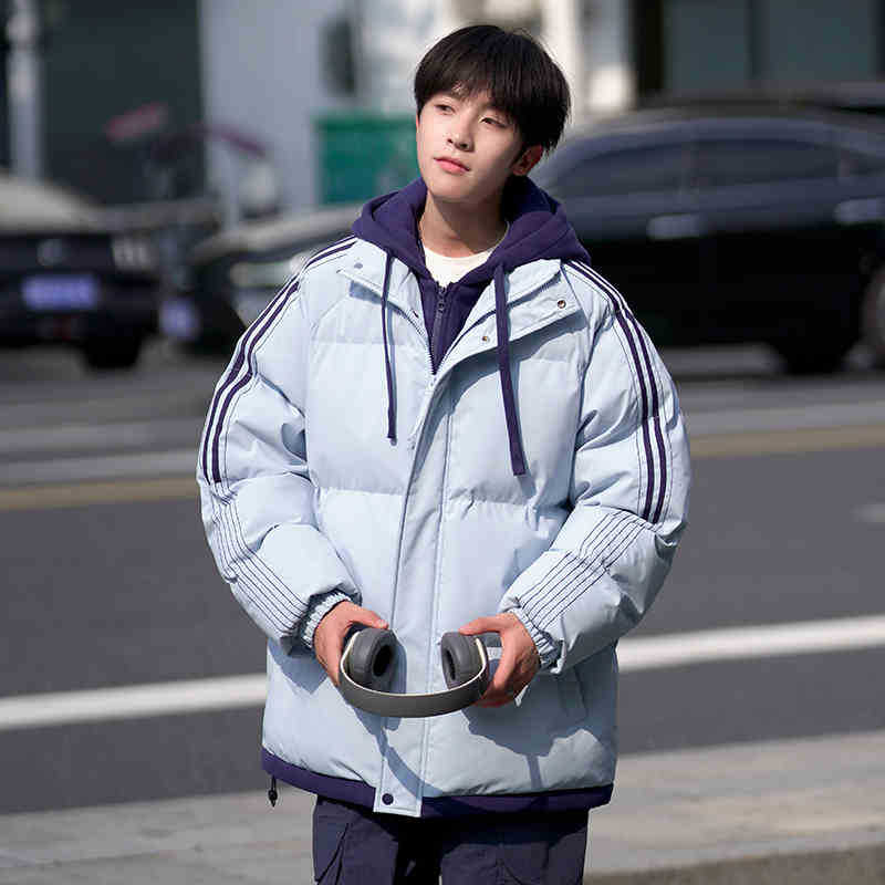 American Hooded Stripe Fake Two Piece Cotton Jacket Men's Jacket Fall Winter 2025 Thickened Warm and Coldproof Padded Jacket