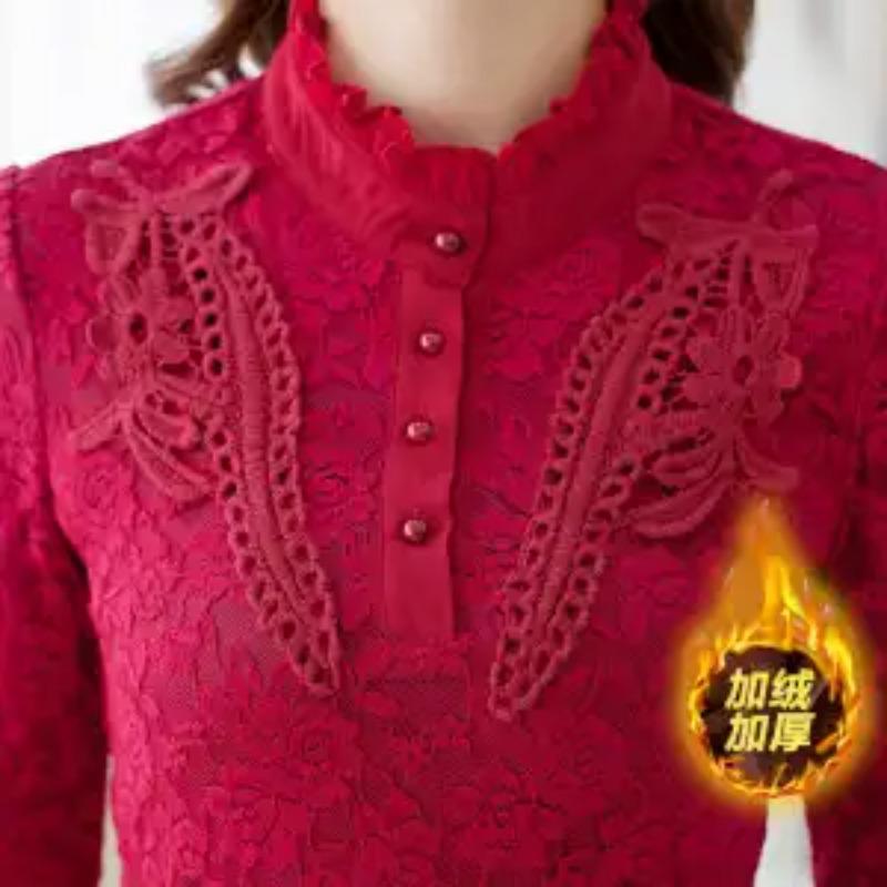 

Базовая рубашка для женщин Осень Зима Новая кружевная футболка Модная универсальная приталенная рубашка 5XL