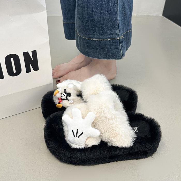Cute cartoon one-word mop Mao Mao slippers women's outer wear 2025 autumn new thick-bottomed comfortable versatile non-slip cotton mop