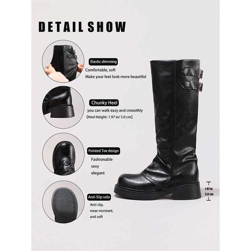 Hose Ein-Pedal elastische Stiefel 2025 neu runde Spitze dicke Sohle modisch retro dünn plissiert vielseitig hohe Stiefel