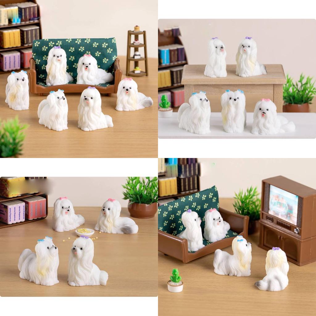 Adorable Resin Maltese Dog Figurine With Pink Bow Miniature Desk Decor