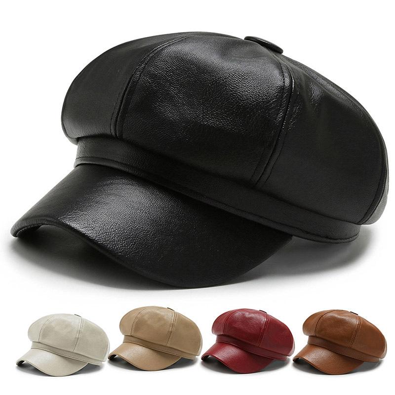8 Panels Newsboy Caps for Women PU Leather Cabbie Painter Hat Beret Cap Solid Simple Fashiomn Pu Beret for Fall Winter