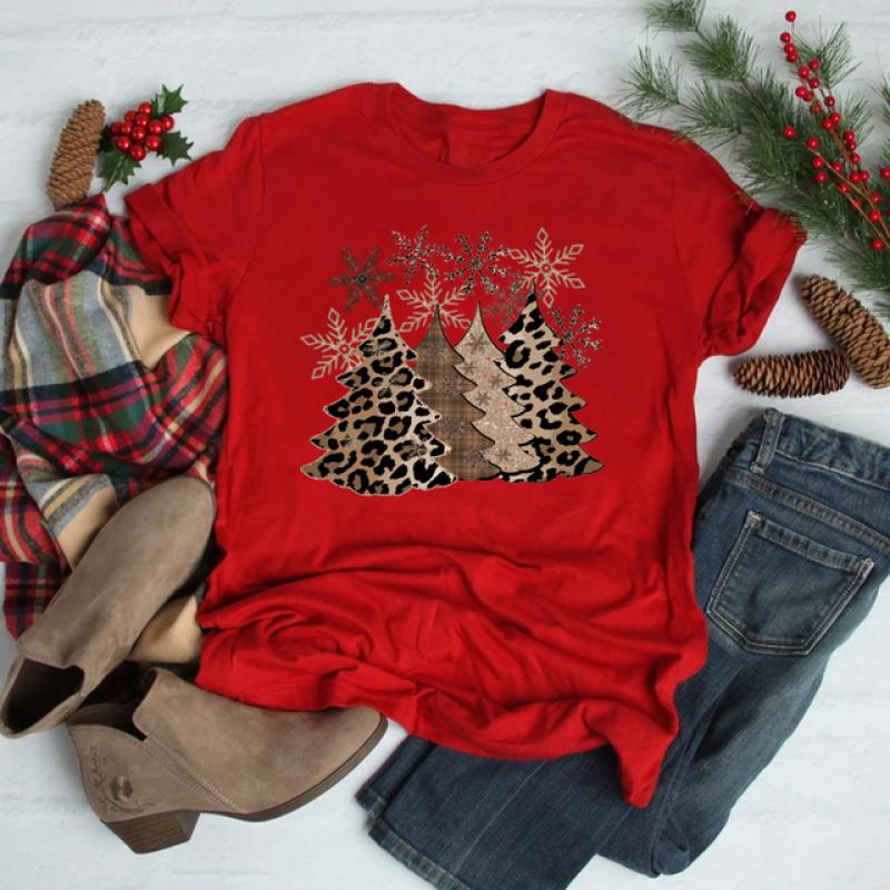 Maglietta Donna Maniche Lunghe Raglan - Stampa Leopardata Albero Di Natale E Scritta Merry Christmas