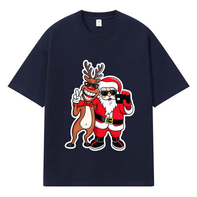 2026 Weihnachtsmann und Rentier Bedrucktes Grafik Y2k Harajuku Streetwear 100% Baumwolle T-Shirt Lässig Übergroß Sommer Herren T-Shirt