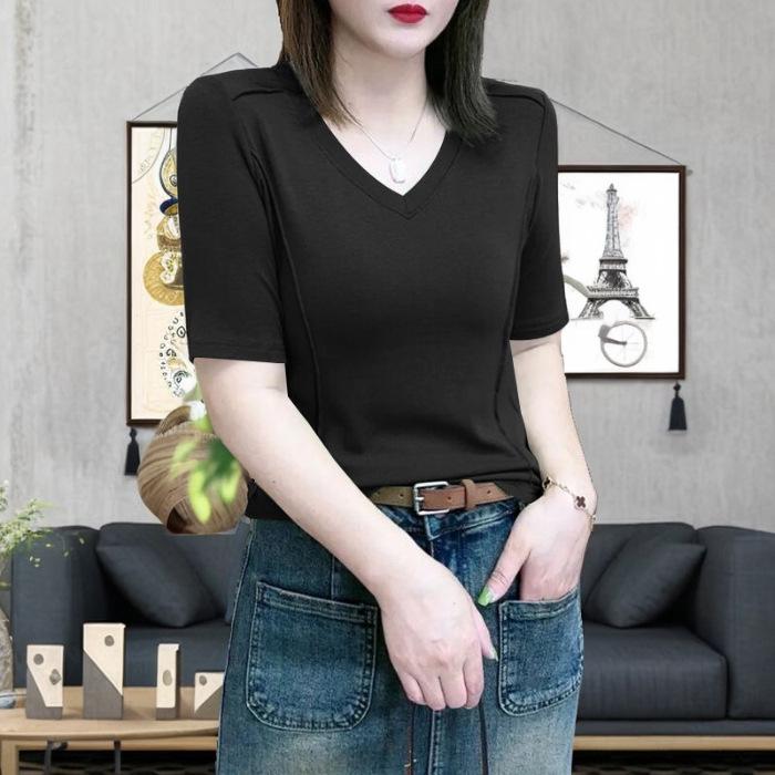 Women's European-Style Ribbed V-Neck Short-Sleeve Slim-Fit T-Shirt, Yellow-Green/Apricot