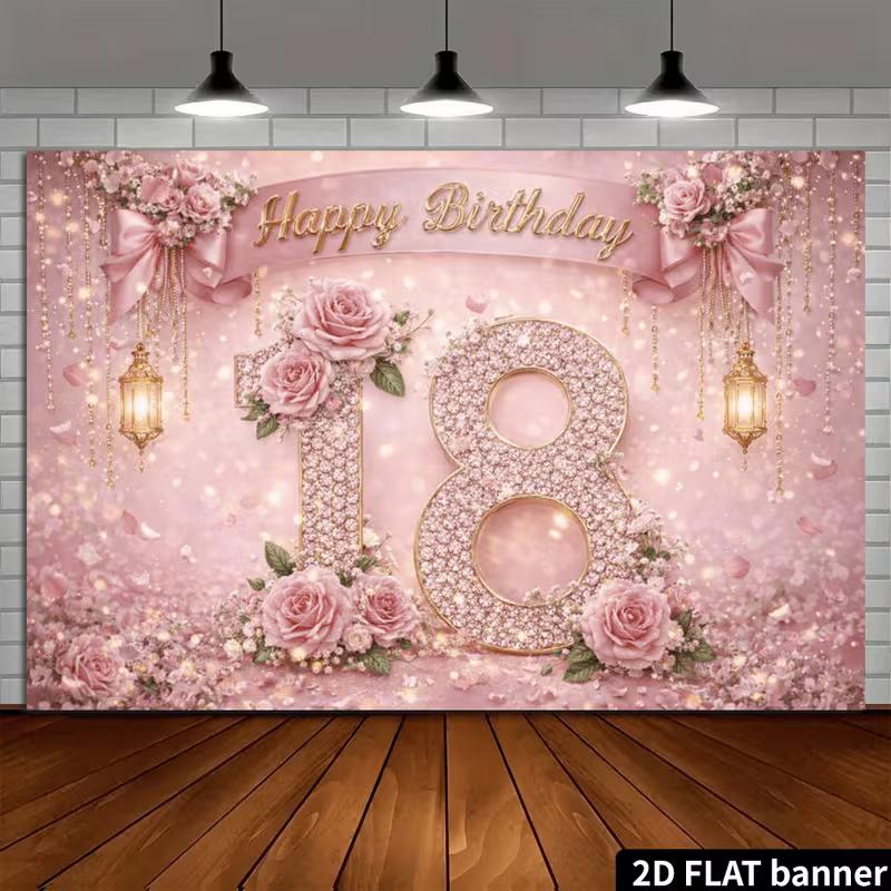 2D Pink 18th Birthday Backdrop Photo Booth Props with Sparkles