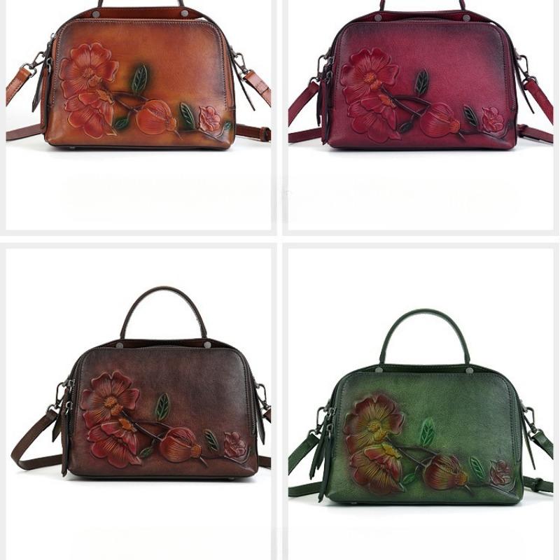 First Layer Cowhide Retro Pillow Bag Artistic Style Embossedhandbags Large Capacity with Boston Women's Bag