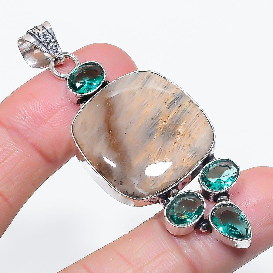 Natural Fossil Coral, Diopside 925 Sterling Silver Jewelry Pendant 2.56" E6H32