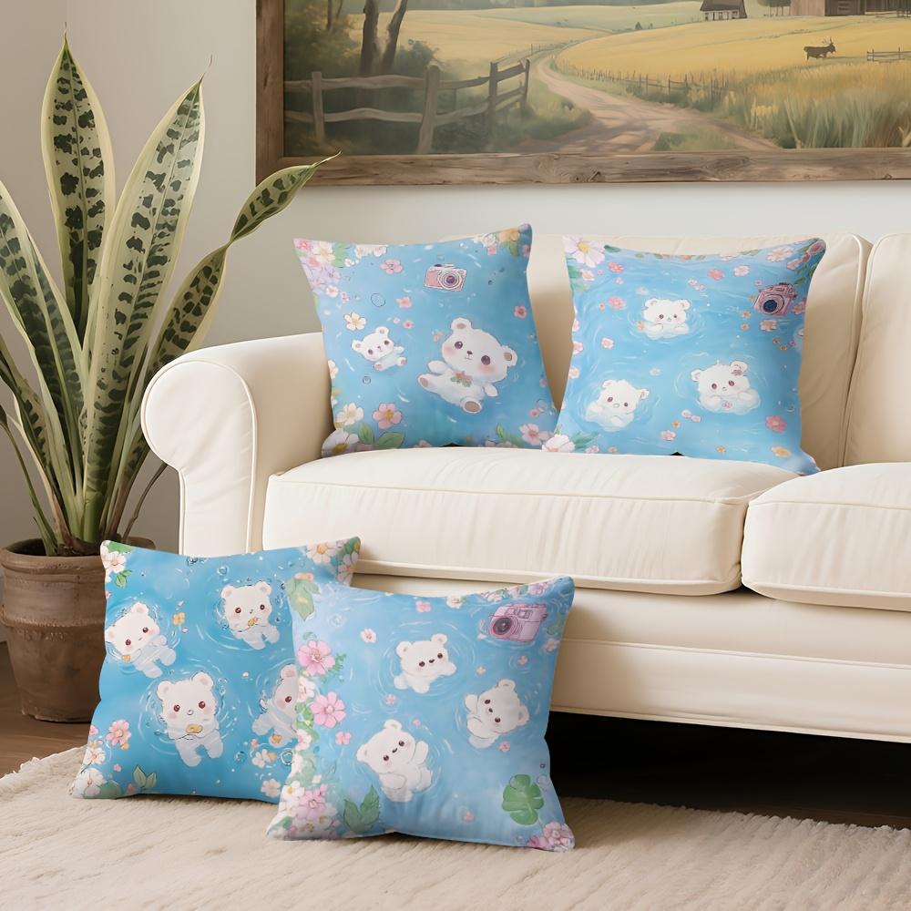 Cute Teddy Bear With Floral Pattern Single-Sided Digital Printing Pillow Cover Short Plush Suitable Living Rooms Bedrooms Sofas