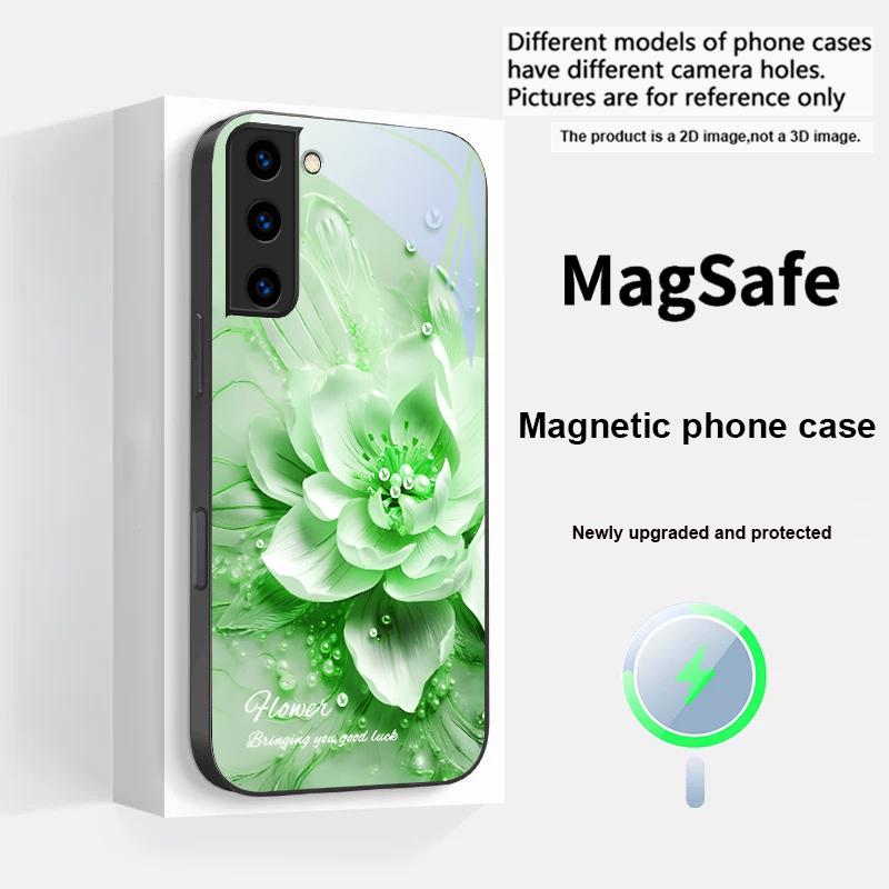 Flores azuis em flor Para Samsung S25 S25 Edge S25Ultra S8 9 10 20 S21 Pro 22 Plus S23 FE S24 Ultra Magsafe Capa de Vidro para Telefone