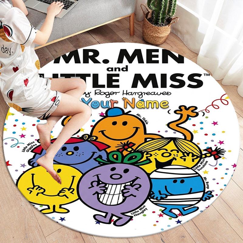 Mr. Men Little Miss Custom Name Round Area Rug,Carpet Rug for Living Room Bedroom Sofa Playroom Decor,Non-slip Floor Mat