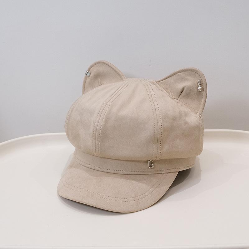 Cute and Sweet Cat Ears Suede Newsboy Hat Children Spring and Autumn New Octagonal Hat Fashion Painter Hat Tide