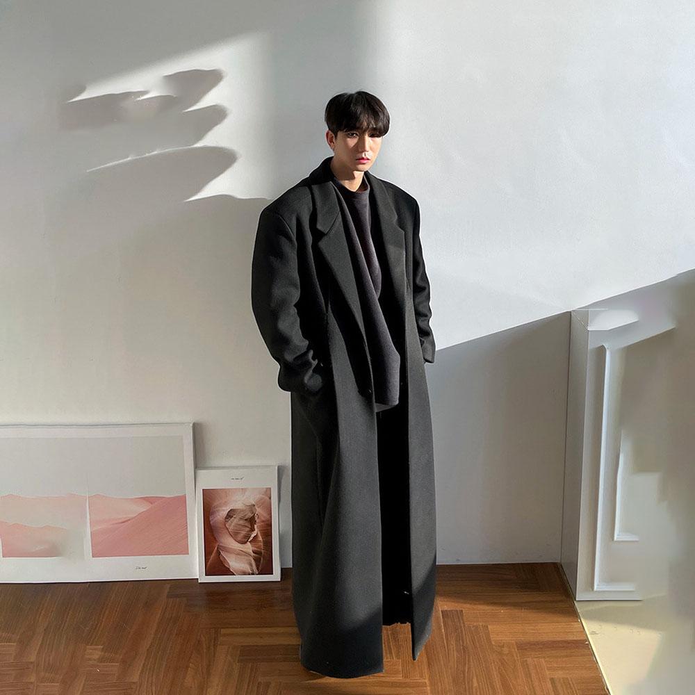 Autumn Winter Extra Long Warm Black Loose Casual Wool Blends Coat Men Floor Length Overcoat Korean Fashion