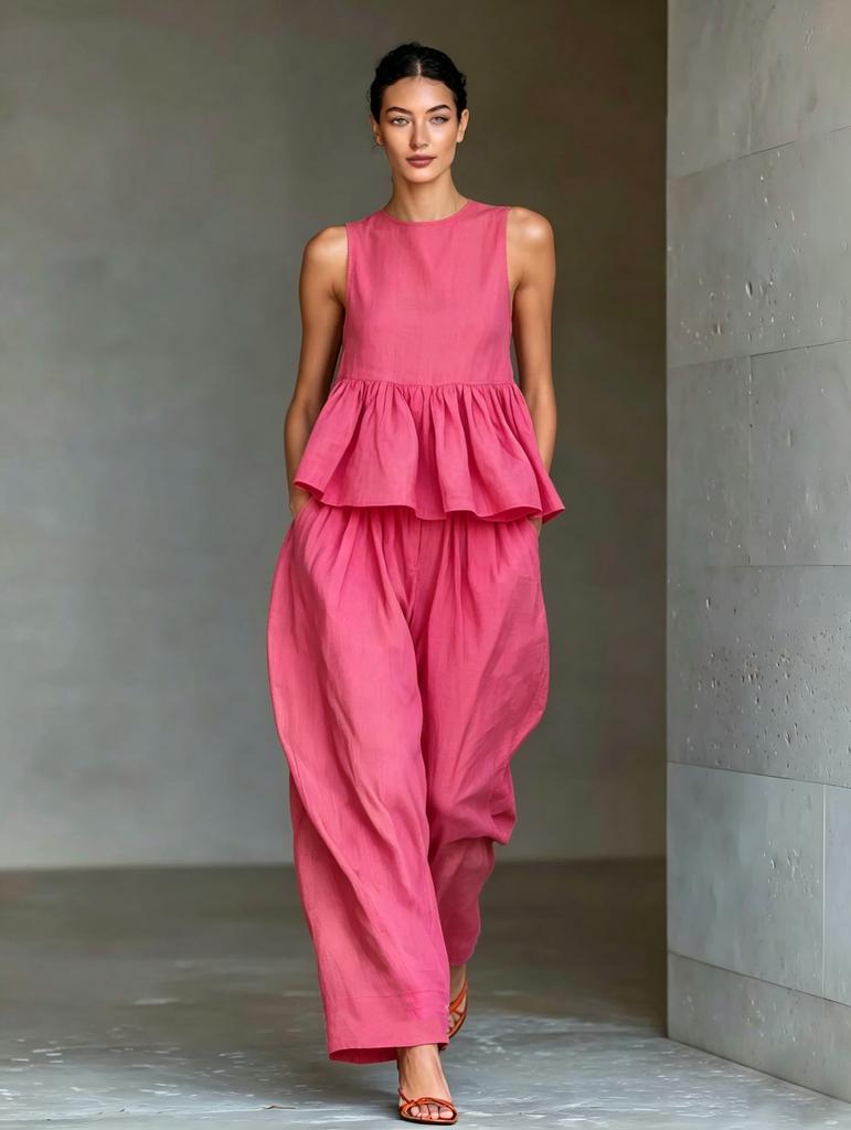 2026 summer new Amazon, suit women's sleeveless ruffle top + loose wide-leg pants two-piece commute