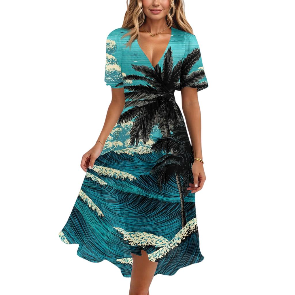 Women's Casual V Neck Short Sleeve Hawaiian Print Dress Midi Length Lightweight Comfortable Summer Beach Dress