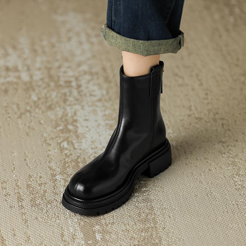 Cizme scurte de damă cu toc joasă toamnă și iarnă noi, confortabile, din piele de vacă, cizme scurte de dimensiuni mari, casual, cu toc gros