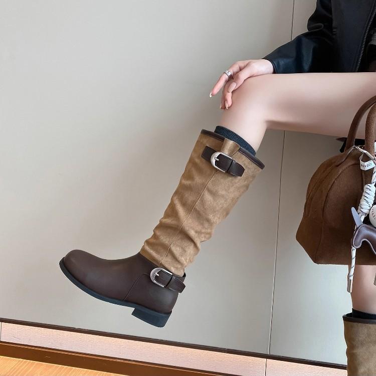 Ma Sichun av samma stil~ Höjdökning 4CM modernt spänne med rund tå, lapptäcksdesign, tjock klack, ridstövlar, dam-, pile-ridstövlar