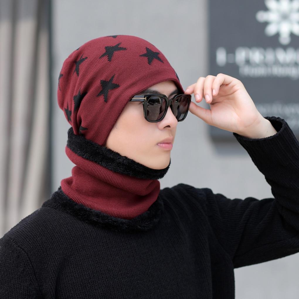 Winter Cold Weather Gear Neck Warmer, Mock Toshi Beanie Set, Wine for Men