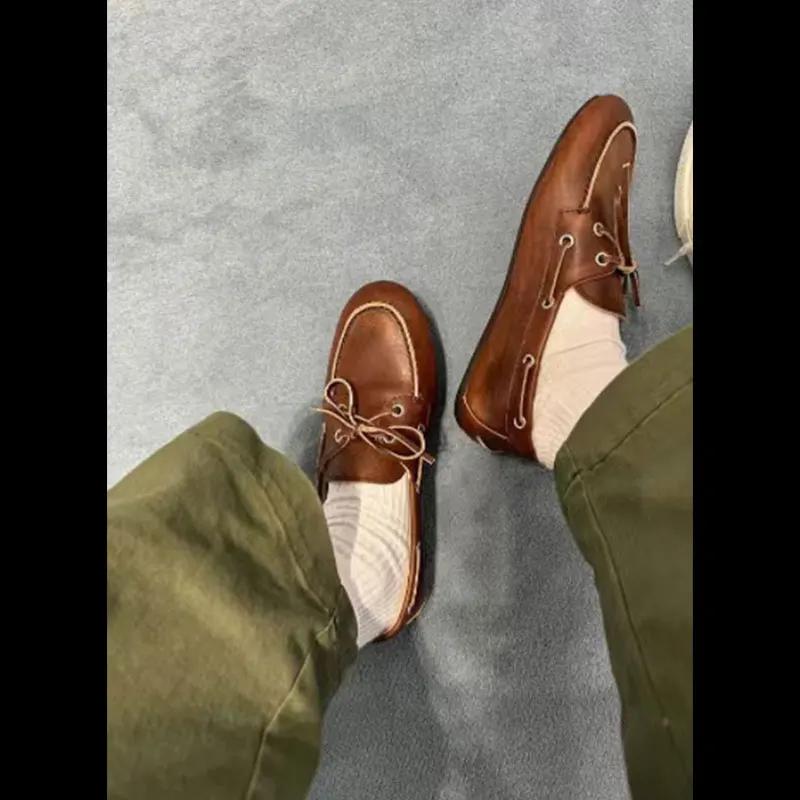 Women s Loafers Autumn and Winter New Bow Shallow Mouth Sailing Shoes Women s Casual Retro Brown Lace-up Loafers Flat Shoes 35 5850₽