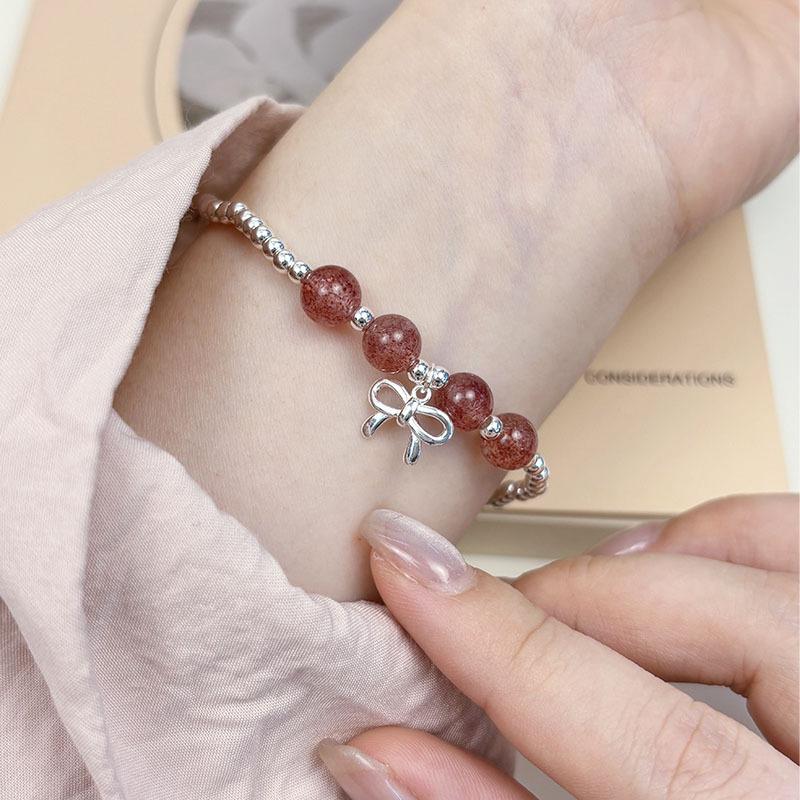 s925 sterling silver strawberry crystal bow bracelet for girls, Instagram summer sweet and girlish, simple elastic string
