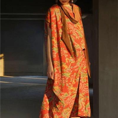 Women Vintage Irregular Dresses O-Neck Sleeveless Print Floral Robes Summer Chinese Style Women Dress