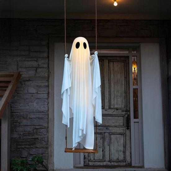 Halloween Decoration Outdoor Swing Ghost Ornament with LED Lights Adjustable Hanging Spooky Ghost Decor