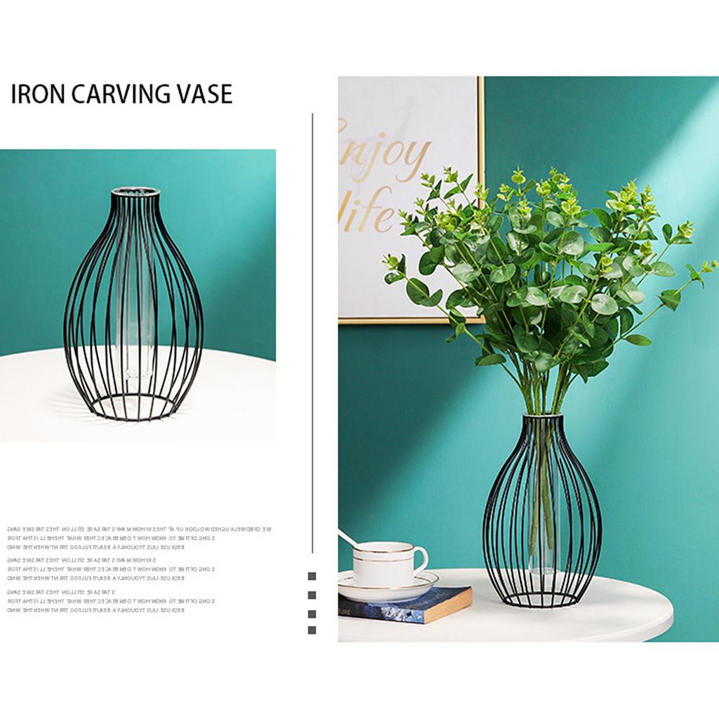 Metal Frame Vase with Clear Glass Tube Hydroponic Container for Desk Decoration