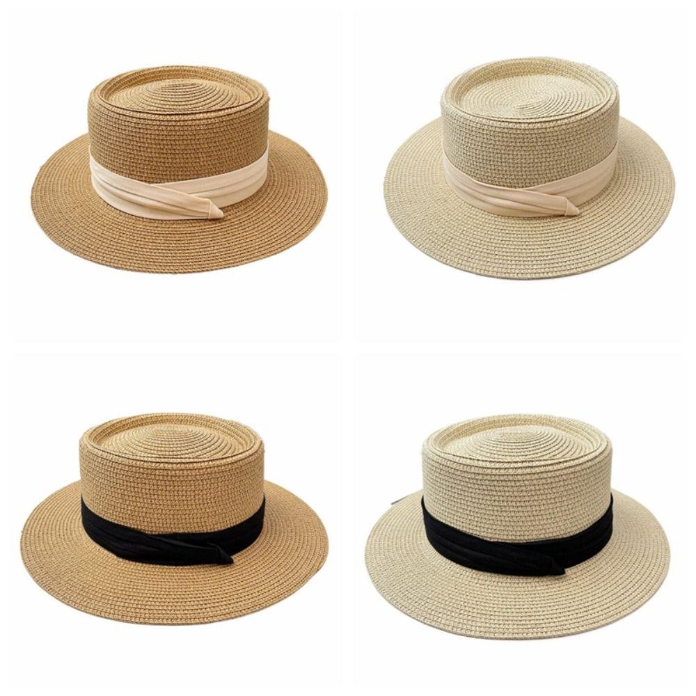 Flat Brim Straw Woven Hat Wide Brim Women's Sun Hat Fashion Sunscreen Bucket Hat  Hiking