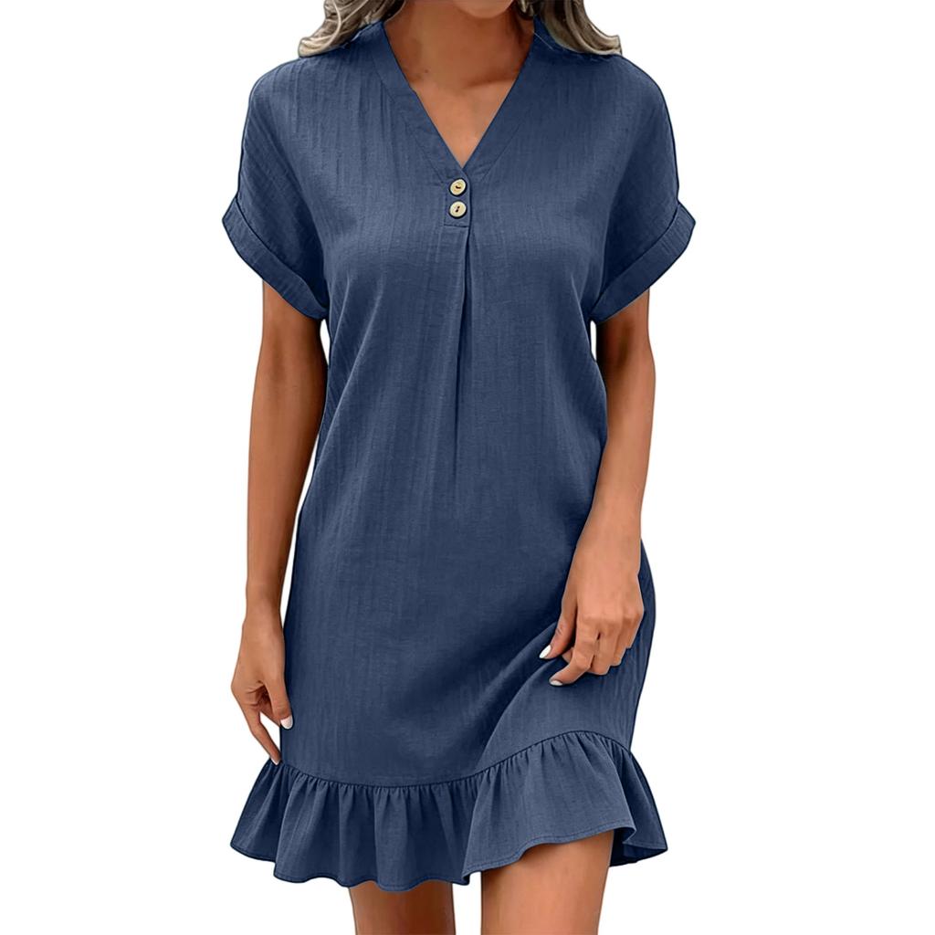 Women's Casual Pullover Dress V Neck Short Sleeve Button Detail Relaxed Fit Ruffle Hem Lightweight Fabric Summer Vacation Dress