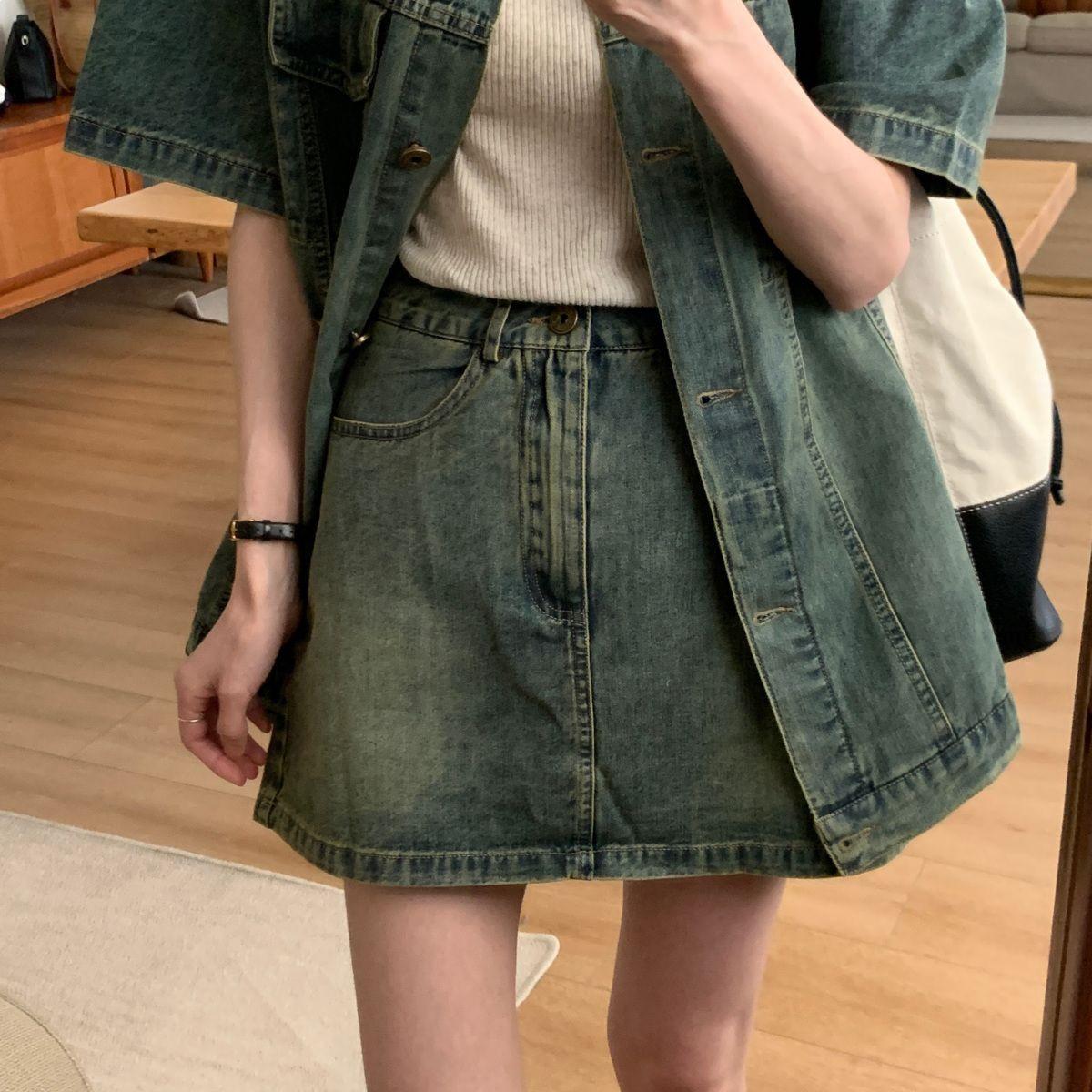 Retro Chic Women s Summer Denim Skirt Set - 2026 Arrival, Short Sleeve, Two-Piece Style S