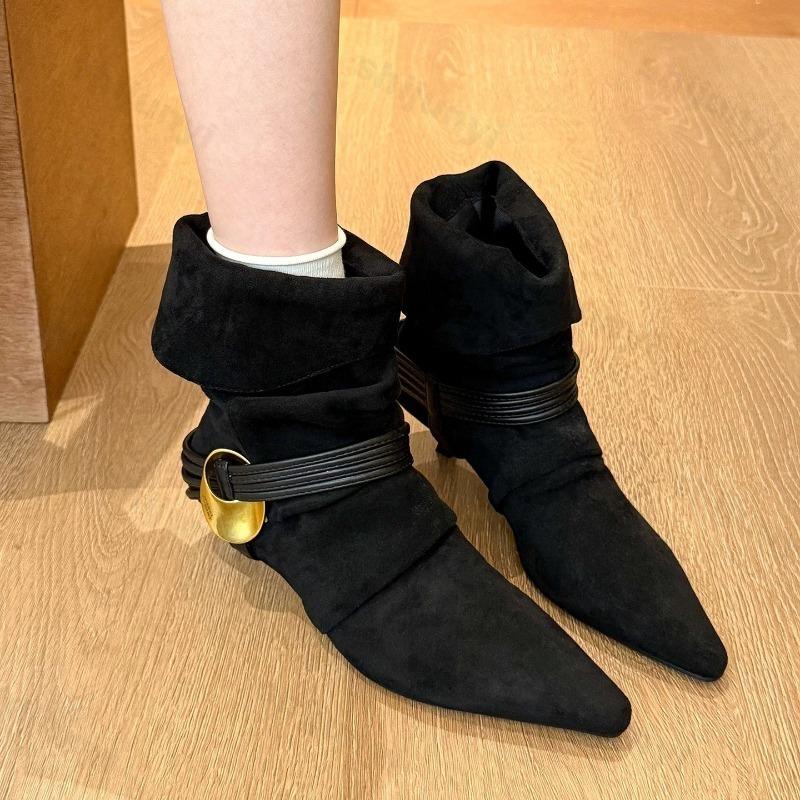 

Fashion Women s Ankle Boots 2025 Autumn Pointed Toe High Heels Shoes Woman Chelsea Boots Dress Pumps Suede Leather Mujer Zapatillas 35 чёрный