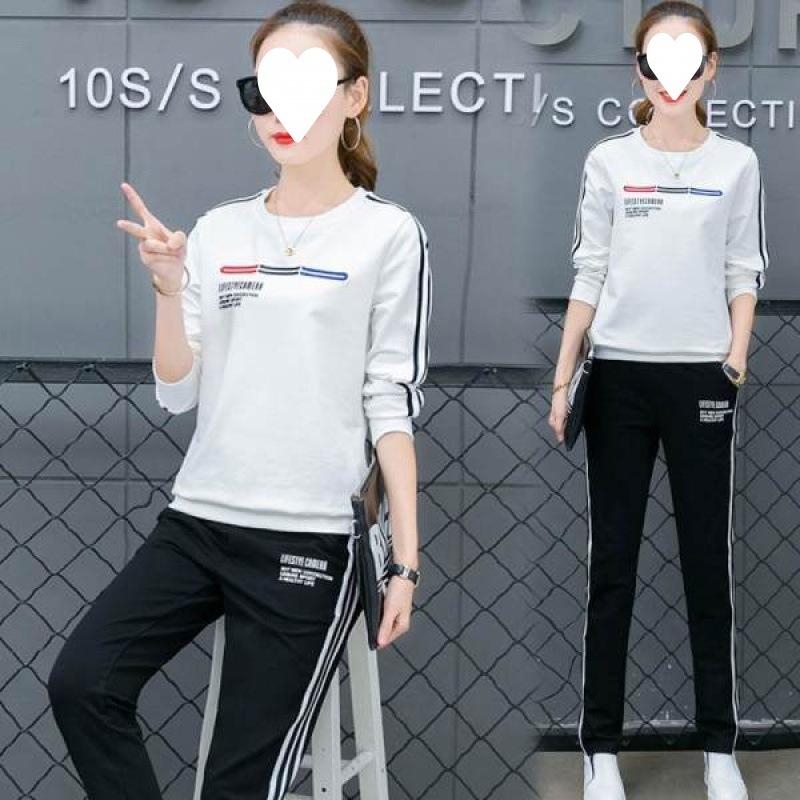 Spring and Autumn Korean-style Sportswear Printed Fashionable Casual Suit for Women, Long-sleeved Long Pants Two-piece Set