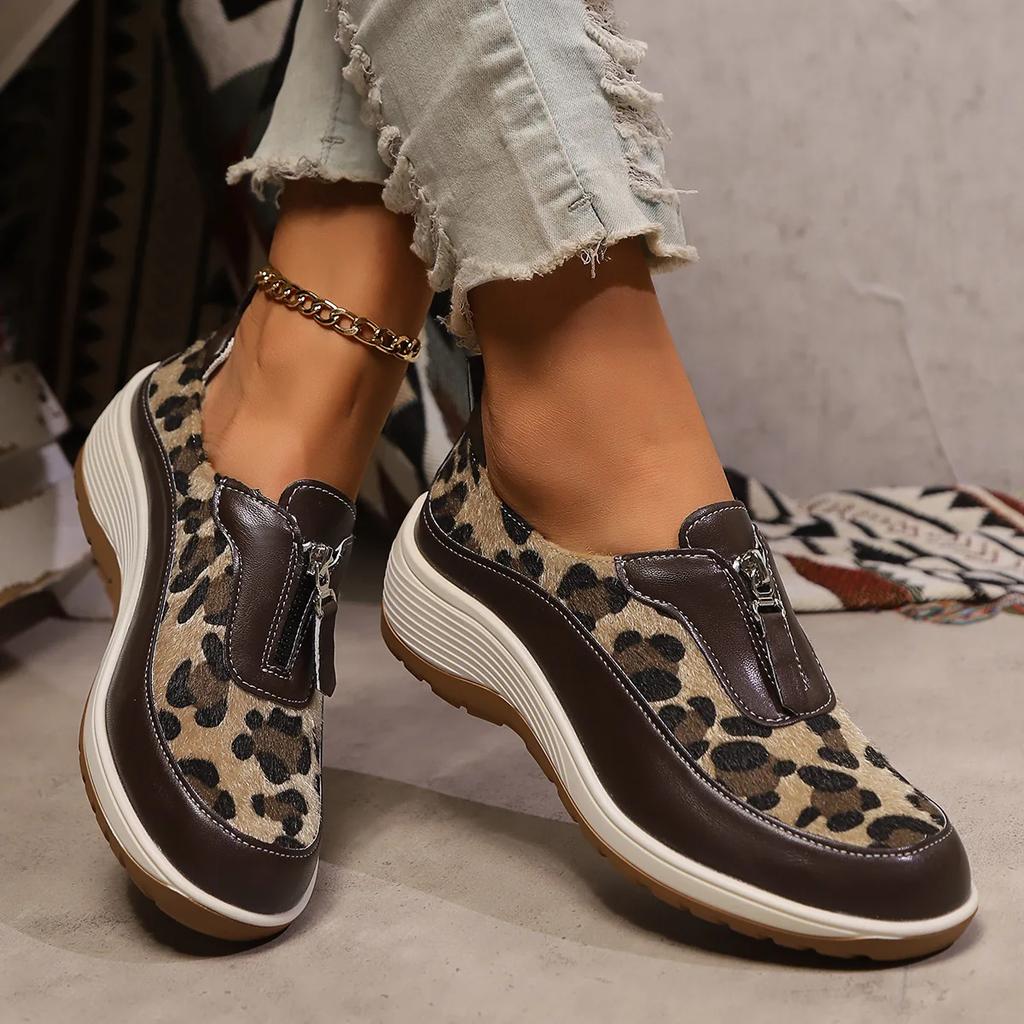 Slope Heel Thick Sole Sneaker 43 Large Size Front Zip Shoes Women 2024 Shallow Mouth Casual Woman Low Shoes Zapatillas De Mujer