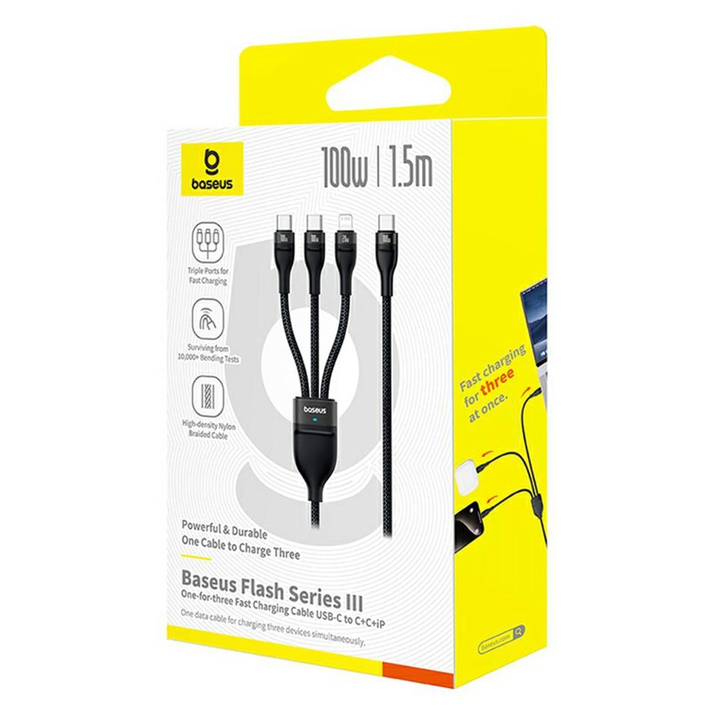 BASEUS Seria Flash 3 Cablu de încărcare rapidă Unul-pentru-Trei 1,5 m Type-C la C+C+L 100W Cablu de date