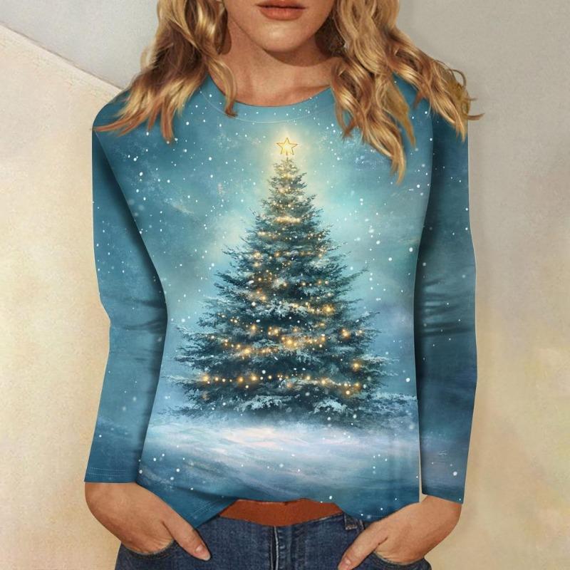 Women's 3D Christmas Snowflake Gradient Print Round Neck Long Sleeve T-shirt Casual Long Sleeve Top Party Loose Women's Top