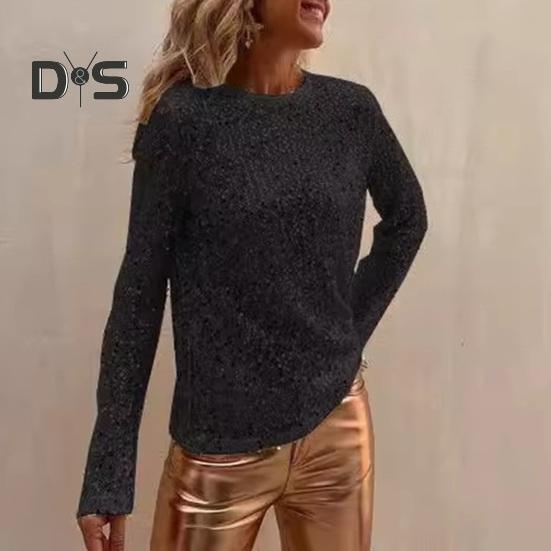 Women Tops Round Neck Long Sleeve Pullover Tops Shiny Sequins Decoration Regular Fit Blouse Daily Wear