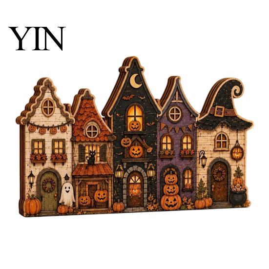 Rustikální podzimní středové dekorace stolu Halloween Retro strašidelná vesnice Dřevěná dekorace na stolní desku, Podzimní statek Čarodějnice Americký venkovský styl Figurky
