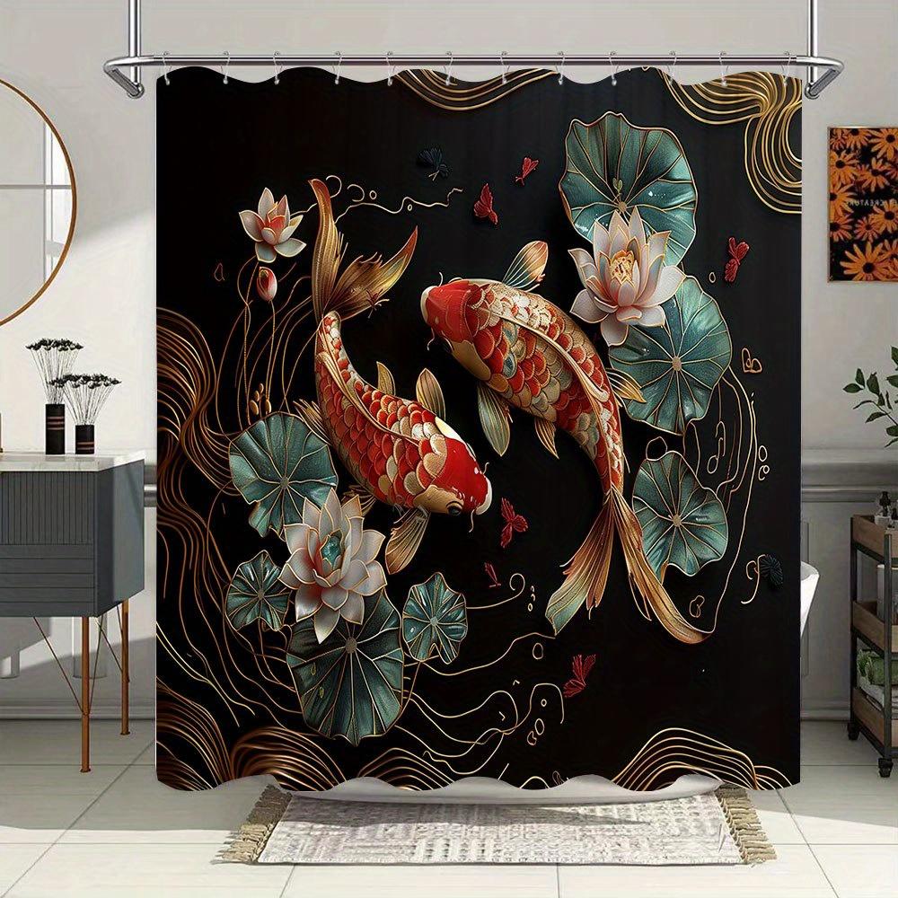 Asian Koi Fish Shower Curtain Red Gold Fish Lotus Pattern Oriental Art Elegant Bathroom Decor Waterproof Printed Bath Curtain