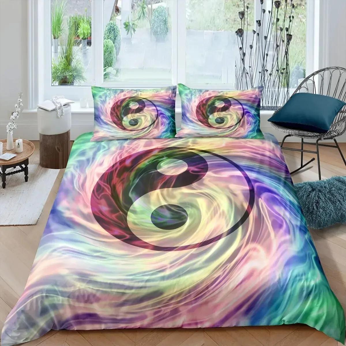 

Top Yin Yang Duvet Cover Mandala Bohemian Bedding Set Retro Lotus Tai Chi Bagua Comforter Cover Chinoiserie Quilt Cover 70x133cm 2pcs