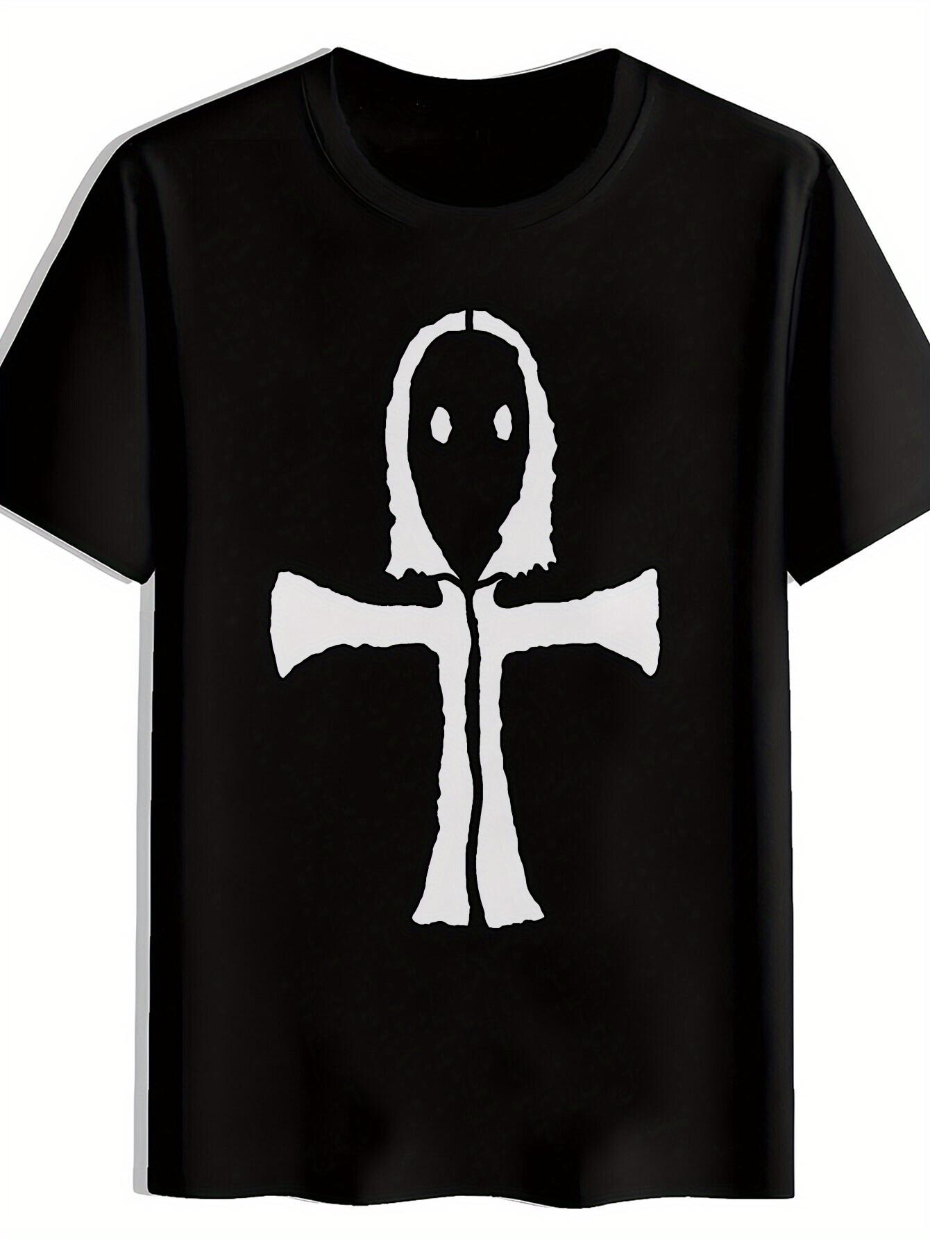 Black T-shirt with Unique White Skull & Crossbones Design - Casual Polyester Round Neck Tee for Summer XXXL