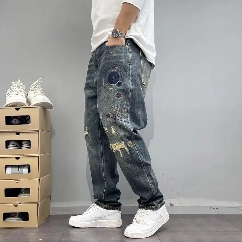 Washed Distressed Ripped Patched Embroidered Jeans Men's Slim Tapered Straight Leg Pants High Street Cool Baggy Trendy Trousers