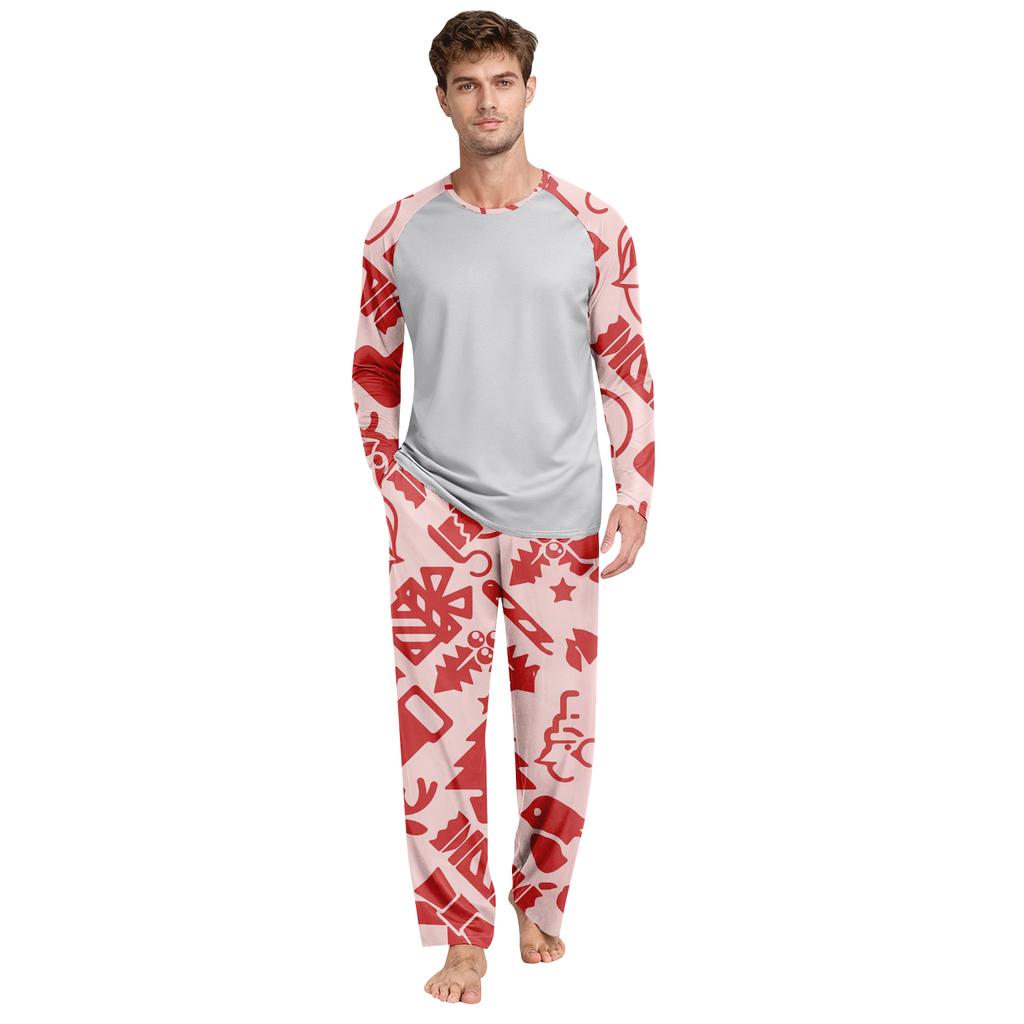 Men's Printed Round Neck Top Casual Comfortable Long-Sleeved Pants Pajama Set
