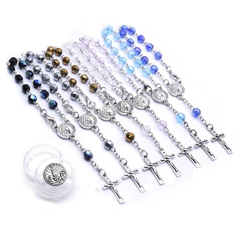 QIGO One Decade Rosary Crystal Bracelet Crucifix Cross Religious Jewelry With Fatima Box For Men Women