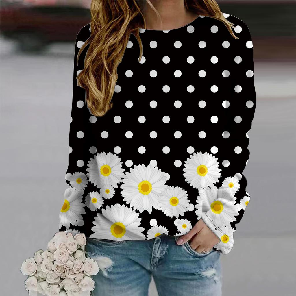 Höst Höst Dammode O-hals Långärmad T-shirt Lös Kläder Svart Prickig Krysantemumtryck T-shirt För Flickor Gata