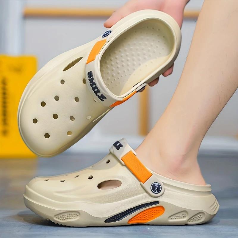 Men's Trendy Color Block Chunky Hollow Out Clogs, Comfy Non Slip Casual Durable Soft Sole EVA Slippers For Men's Outdoor Activities