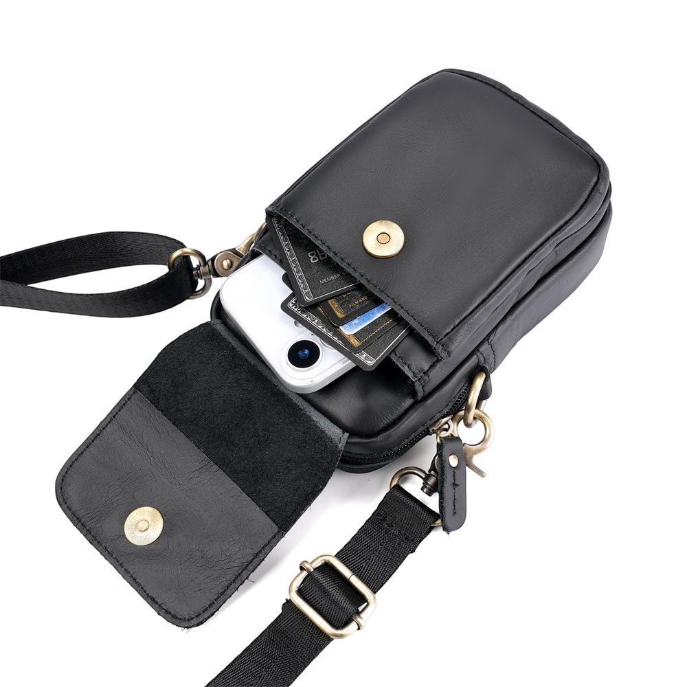 Cowhide Leather Waist Bag, Men's Student Sports Outdoor Backpack, Small, Simple, Lightweight, Small Crossbody, Black