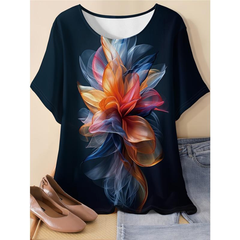 

Women s Plus Size Petal Creative Print Short Sleeve Round Neck Casual T-Shirt S