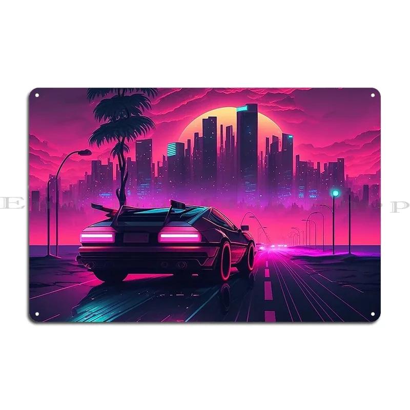 Shoreline Drifter Car Driving Towards Synthwave Sun Through s Miami Metal Plaque Printing Customize Tin Sign Poster